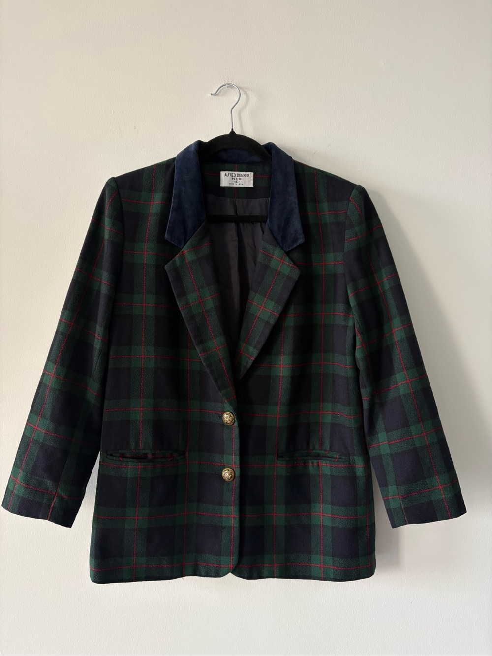 Vintage Alfred Dunner Green Tartan Plaid Blazer Navy Velvet Collar Wool Blend 10